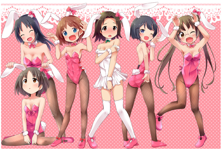 absurdres animal_ears ass bangs bare_shoulders black_hair blue_eyes blush bow bowtie breasts brown_eyes brown_hair bunny_ears bunny_pose bunny_tail bunnysuit cleavage closed_eyes detached_collar dress fake_animal_ears fake_tail fang fishnet_pantyhose fishnets from_behind full_body girls_und_panzer glasses highres leotard long_hair looking_at_another looking_at_viewer looking_back makuran maruyama_saki medium_breasts multiple_girls off_shoulder one_eye_closed oono_aya open_mouth pantyhose parted_bangs pink_background pink_footwear pink_leotard polka_dot polka_dot_background round_eyewear sakaguchi_karina sawa_azusa shoes short_dress short_hair sitting small_breasts standing tail thighhighs twintails utsugi_yuuki v wariza white_dress white_legwear wrist_cuffs yamagou_ayumi