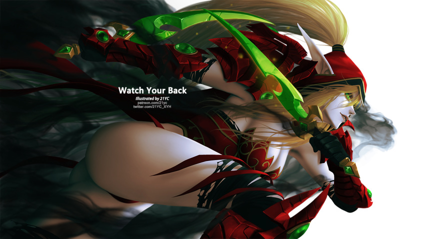 1girl 21yc_(september_breeze) ass black_legwear blonde_hair blood_elf breasts cleavage dual_wielding elbow_gloves elf gloves green_eyes high_ponytail holding holding_weapon hood long_hair medium_breasts pale_skin patreon_username pointy_ears solo thighhighs_under_boots torn_clothes torn_legwear twitter_username valeera_sanguinar warcraft weapon white_background world_of_warcraft