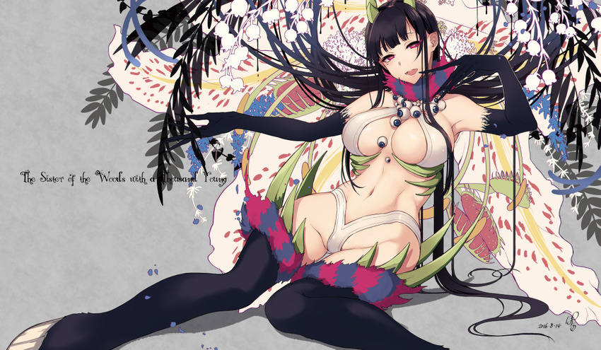 ane_naru_mono black_hair black_legwear blush breasts chiyo_(ane_naru_mono) demon_girl elbow_gloves gloves horns large_breasts long_hair looking_at_viewer navel official_art open_mouth pochi_(pochi-goya) pointy_ears purple_eyes smile solo tentacles thighhighs very_long_hair