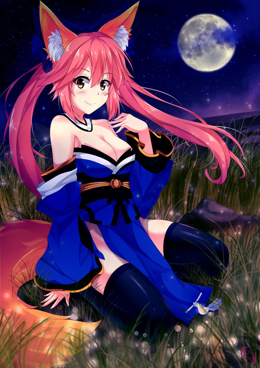 animal_ears bell bell_collar blue_legwear blush bow breasts chrisandita cleavage collar collarbone detached_sleeves fate/extra fate_(series) fox_ears fox_tail full_moon hair_bow hair_ribbon highres japanese_clothes large_breasts long_hair looking_at_viewer moon nature pink_hair ribbon sitting solo tail tamamo_(fate)_(all) tamamo_no_mae_(fate) yellow_eyes