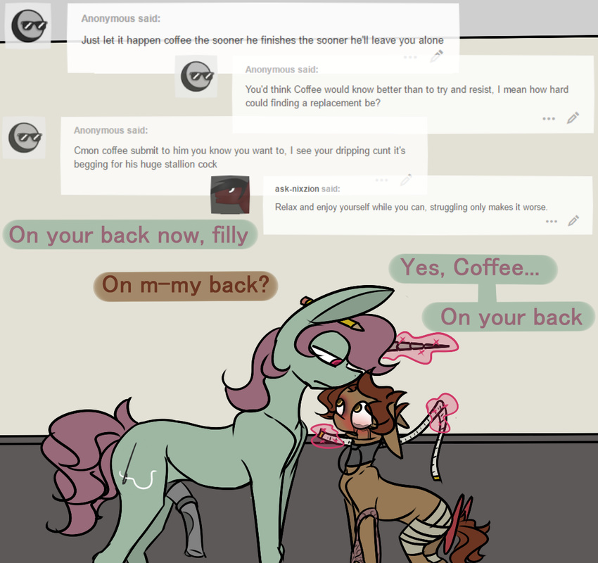 ... apron ask_blog clothing collar crying cutie_mark dialogue equine female horn magic male mammal my_little_pony omnipresentcrayon penis tears text