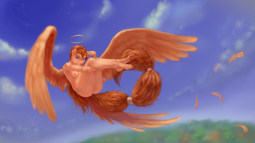 16:9 2016 angel anthro blue_eyes breasts brown_hair canine cloud feathered_wings feathers feet female fetal_position fluffy fluffy_tail flying hair halo hi_res long_tail mammal nipple_piercing nipples notdonebaking pawpads paws piercing pink_nose pussy sky small_breasts solo spread_wings tail_wraps wallpaper wings wolf wraps