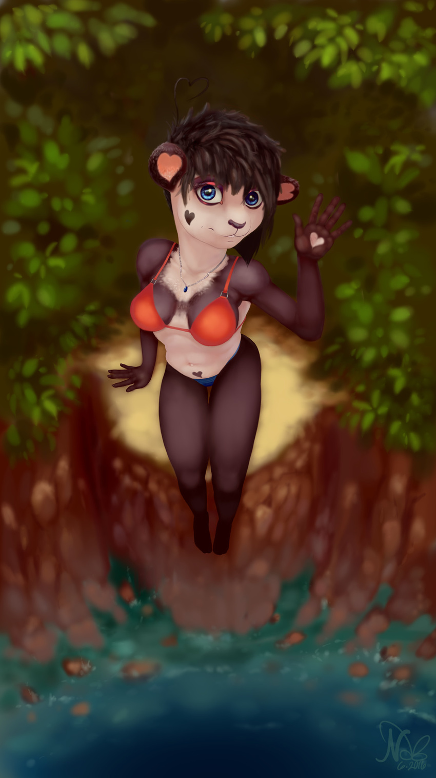 2016 anthro bear bikini black_hair blue_eyes bra cliff clothing female forest fur_markings hair hi_res jewelry ken_ashcorp kenny_(kenashcorp) looking_at_viewer mammal navel necklace notdonebaking panda panties sitting smile solo swimsuit tree underwear water waving