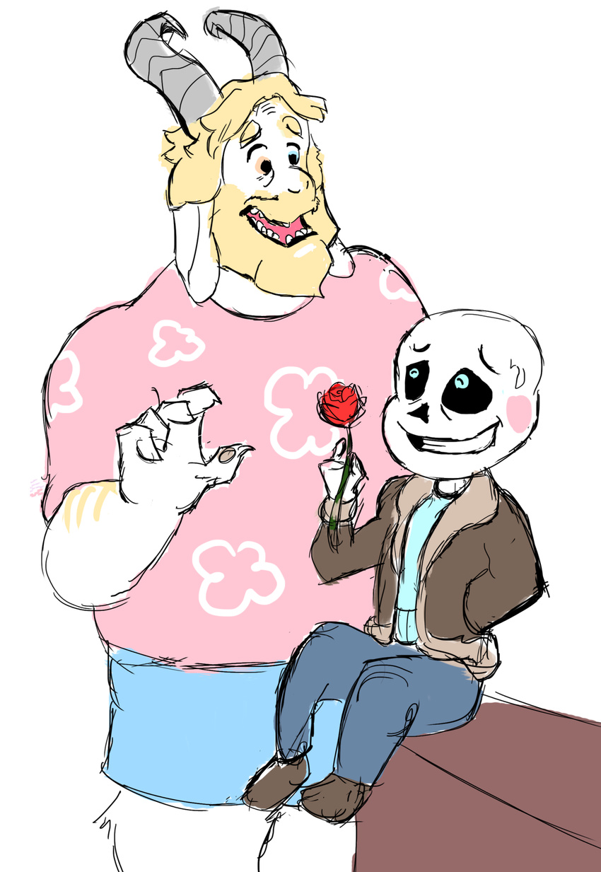 asgore_dreemurr atlantart blush flower male male/male plant sans_(undertale) size_difference undertale video_games