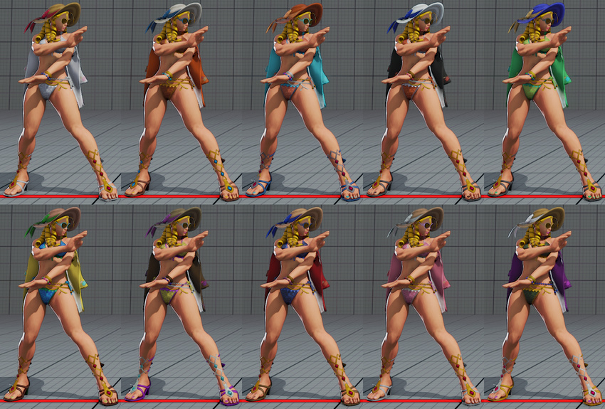 1girl 3d alternate_color alternate_costume bikini capcom fighting_stance hat kanzuki_karin multiple_views sandals street_fighter street_fighter_v sun_hat sunglasses toned