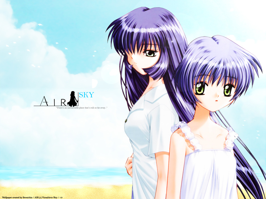 air beach blue_hair green_eyes key kirishima_hijiri kirishima_kano signed