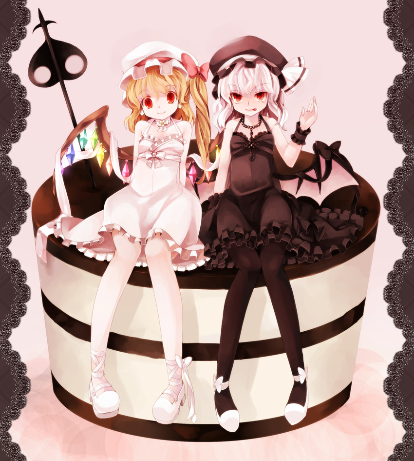 :p absurdres alternate_costume bat_wings black_legwear blonde_hair cake choker dress flandre_scarlet food highres laevatein looking_at_viewer multiple_girls pantyhose pastry red_eyes remilia_scarlet ringpearl short_hair siblings side_ponytail silver_hair sisters sitting smile tongue tongue_out touhou wings