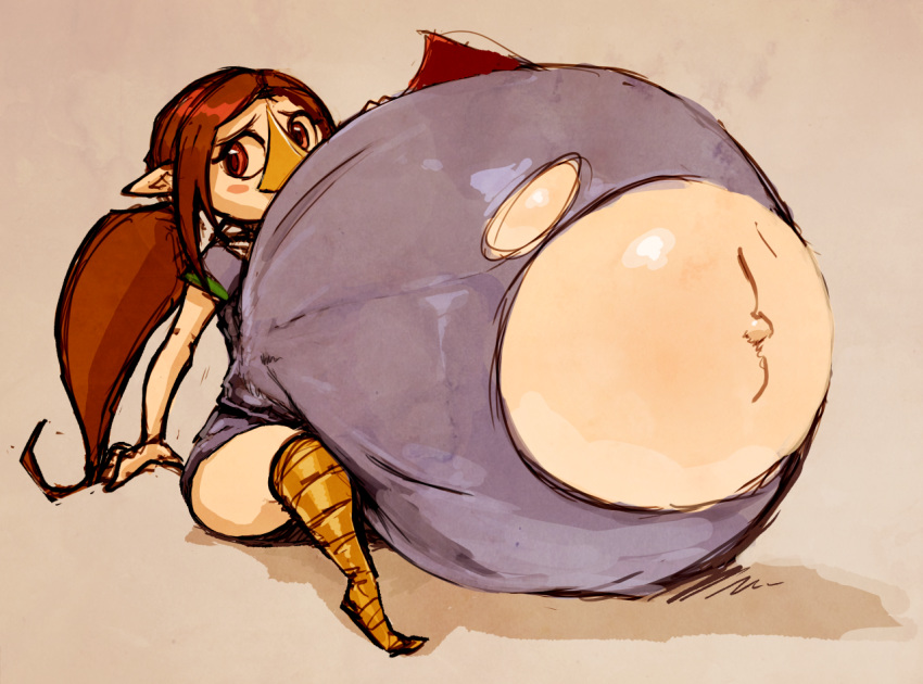 2018 animal_humanoid avian avian_humanoid beak belly big_belly blush blush_sticker clothing colored_sketch female hair humanoid hyper hyper_belly medli navel nintendo nose_beak outie_navel pointy_ears ponytail red_eyes red_hair rito simple_background sitting solo susfishous the_legend_of_zelda torn_clothing video_games wind_waker