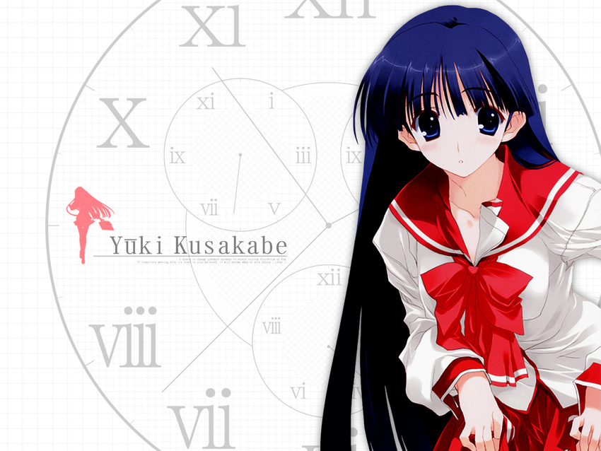 bangs blue_eyes blue_hair blunt_bangs blush bow bowtie breasts character_name clock clock_hands collarbone eyebrows_visible_through_hair highres kusakabe_yuuki_(to_heart_2) leaning_forward lifted_by_self long_hair long_sleeves looking_at_viewer medium_breasts nakamura_takeshi red_bow red_neckwear red_skirt roman_numerals school_briefcase school_uniform serafuku silhouette skirt skirt_lift solo straight_hair tareme to_heart_2 very_long_hair wallpaper