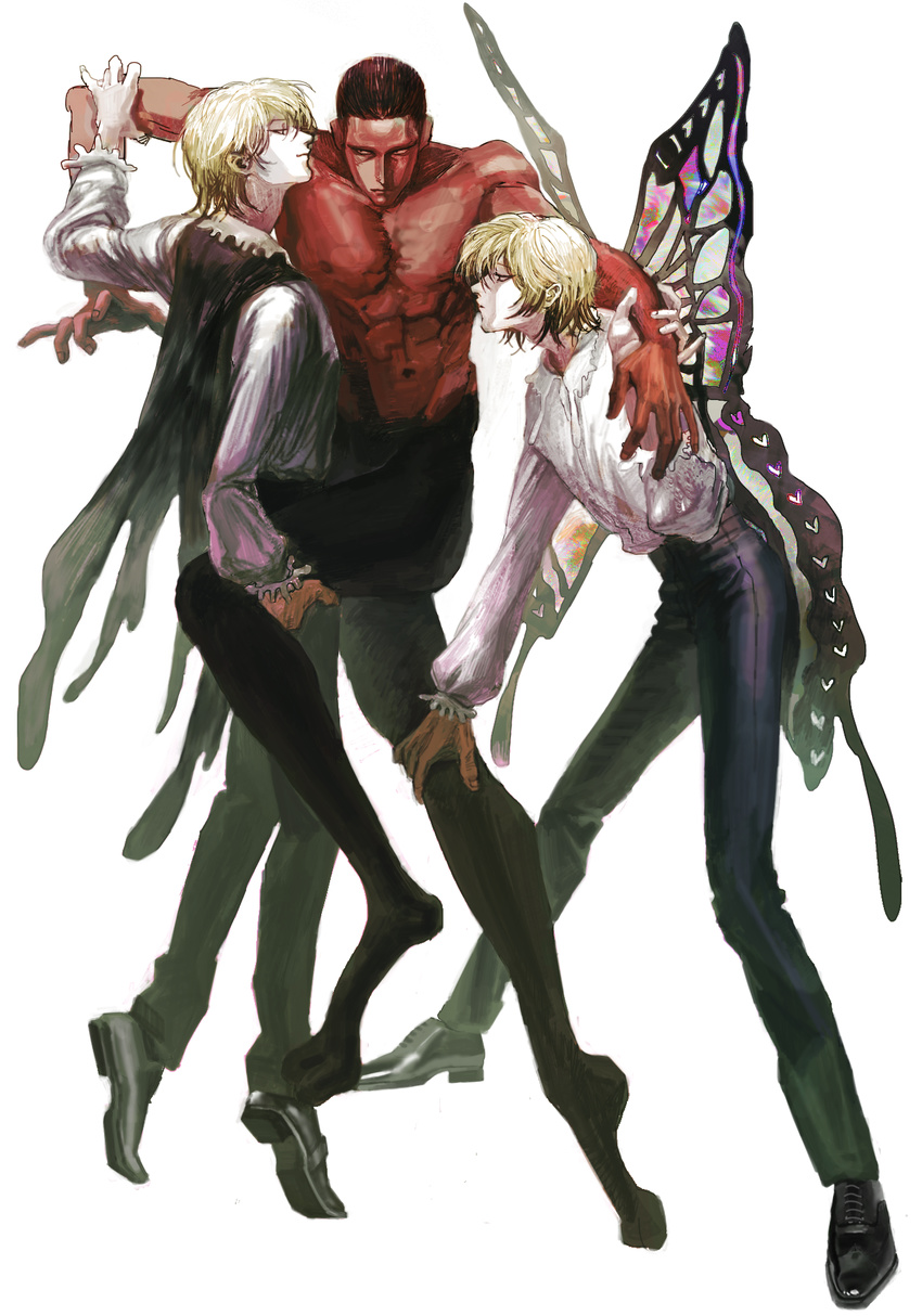 3boys arm_grab black_hair blonde_hair butterfly butterfly_wings closed_mouth collared_shirt frills from_side full_body heart hunter_x_hunter leg_hold loafers looking_at_another menthuthuyoupi multiple_persona muscle navel nipples nome_(artist) profile red_skin shaiapouf simple_background size_difference smile white_background yaoi