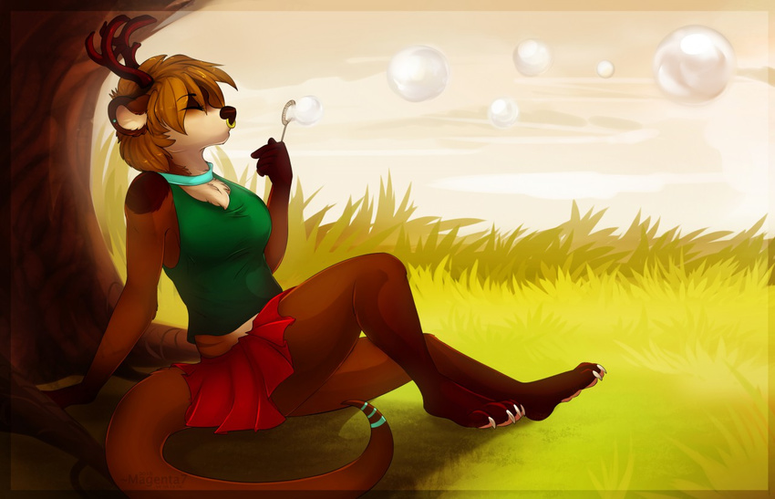 angie_(lontramus) anthro antlers biped bubble clothed clothing day digital_media_(artwork) digital_painting_(artwork) eyes_closed female grass horn hybrid magenta7 mammal mustelid otter outside piercing simple_background sitting solo