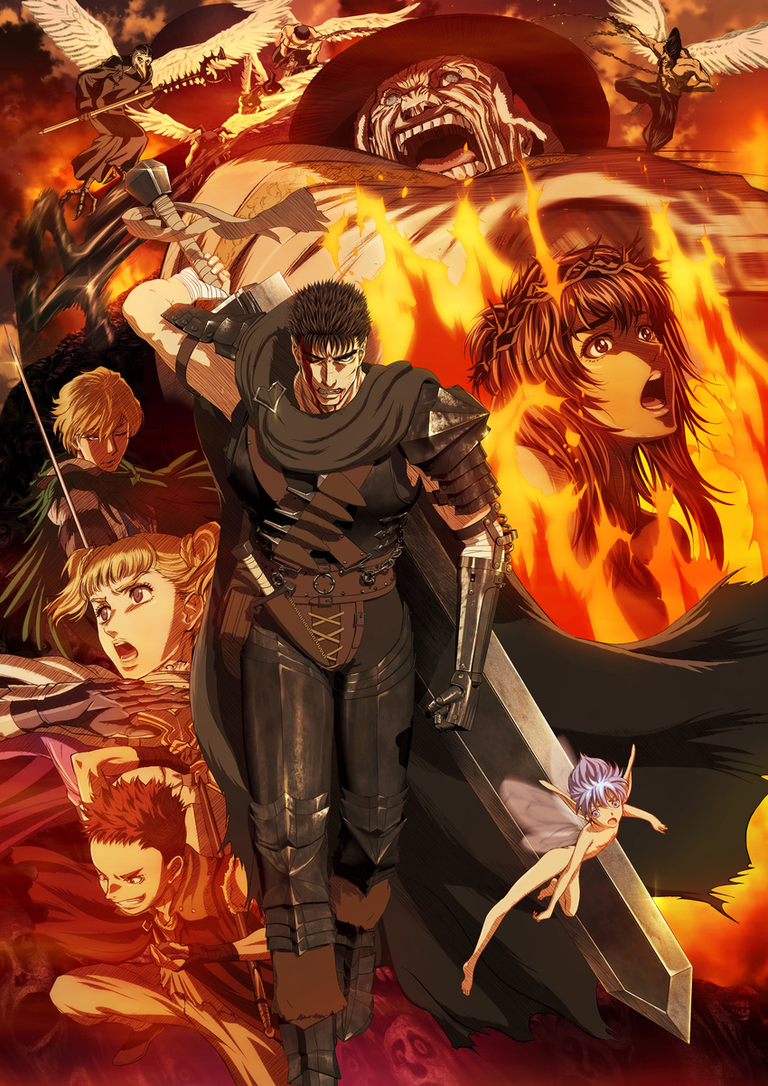 6+boys absurdres bandages berserk black_gloves black_hair blonde_hair brown_hair burning casca character_request farnese feathered_wings fire gloves guts highres holding holding_sword holding_weapon huge_weapon isidro long_hair mozgus multiple_boys multiple_girls one_eye_closed open_mouth polearm puck serpico short_hair short_twintails sword twintails weapon white_wings wings