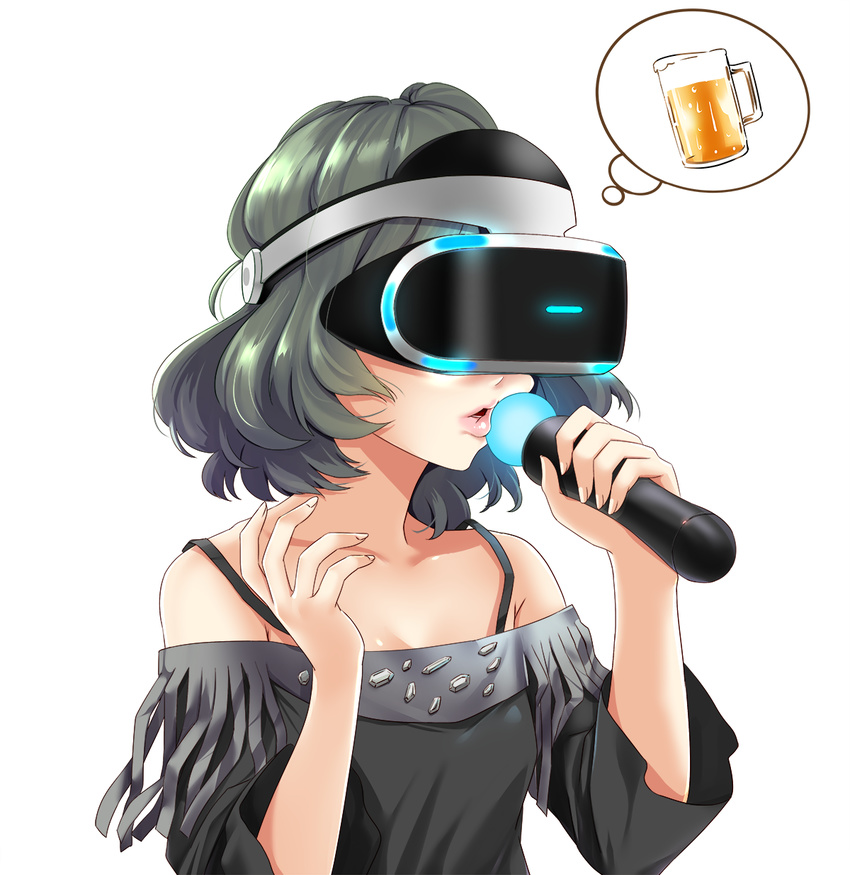 alcohol beer beer_mug highres idolmaster idolmaster_cinderella_girls imagining infinote lips looking_at_viewer parted_lips playstation_vr sexually_suggestive short_hair simple_background solo takagaki_kaede vr_visor white_background