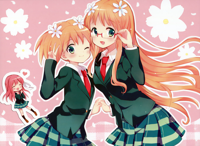 :d ;) ^_^ black_legwear blazer blonde_hair blush brown_footwear clenched_hands closed_eyes closed_mouth collared_shirt floral_background flower glasses green_skirt hair_flower hair_ornament hair_ribbon hara_yui head_tilt heart highres holding_hands jacket kneehighs loafers long_hair long_sleeves looking_at_viewer minigirl multiple_girls necktie one_eye_closed open_mouth outline petals pink_background plaid plaid_skirt red-framed_eyewear red_hair red_neckwear ribbon sakura_trick school_uniform semi-rimless_eyewear shirt shoes siblings silhouette sisters skirt smile sonoda_mitsuki sonoda_yuu spoken_heart takayama_haruka twintails under-rim_eyewear v very_long_hair white_ribbon white_shirt wing_collar