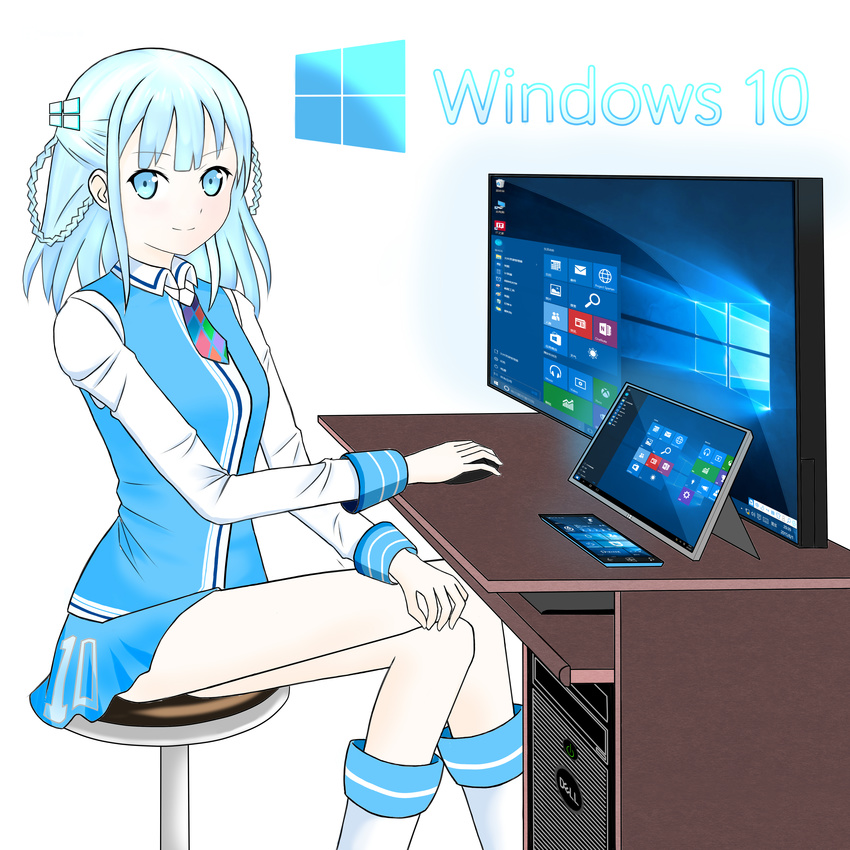 absurdres bad_id bad_pixiv_id blue_eyes blue_hair computer copyright_name crossed_legs dell desk hair_ornament hair_rings highres madobe_tooko os-tan sitting solo tablet windows_10