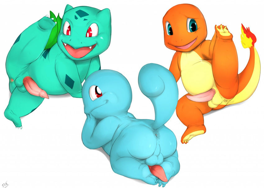 anus balls bulbasaur butt charmander cute_fangs erection glans looking_at_viewer lying nintendo on_front on_side one_leg_up penis penis_backwards perineum pok&eacute;mon presenting presenting_penis raised_tail scalie seductive seyrmo shell-less slightly_chubby smile squirtle starter_trio tapering_penis video_games