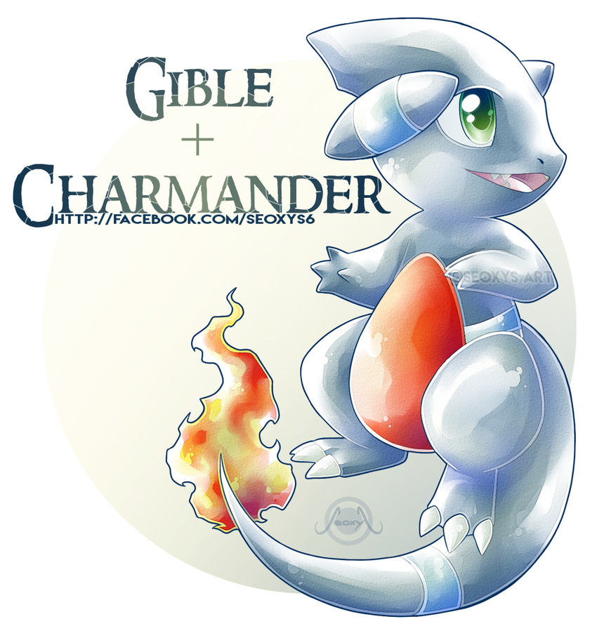 2016 alternate_species blue_scales charmander claws dragon english_text fan_character fire gible green_eyes grey_scales hi_res hybrid nintendo open_mouth pok&eacute;mon pokemon_fusion red_scales reptile scales scalie seoxys6 simple_background smile teeth text toe_claws traditional_media_(artwork) video_games watercolor_(artwork) watermark white_background white_claws