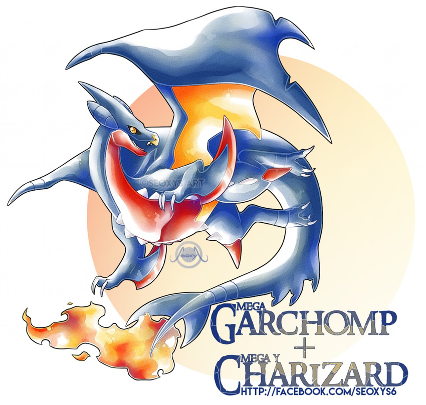 2016 alternate_species black_sclera blue_horn blue_scales claws dragon english_text fan_character fin fire hi_res horn hybrid looking_at_viewer mega_charizard mega_charizard_y mega_evolution mega_garchomp membranous_wings nintendo open_mouth orange_eyes pok&eacute;mon pokemon_fusion red_scales scales scalie seoxys6 sharp_teeth simple_background slit_pupils spikes teeth text toe_claws tongue traditional_media_(artwork) video_games watercolor_(artwork) watermark white_background white_claws wings yellow_scales