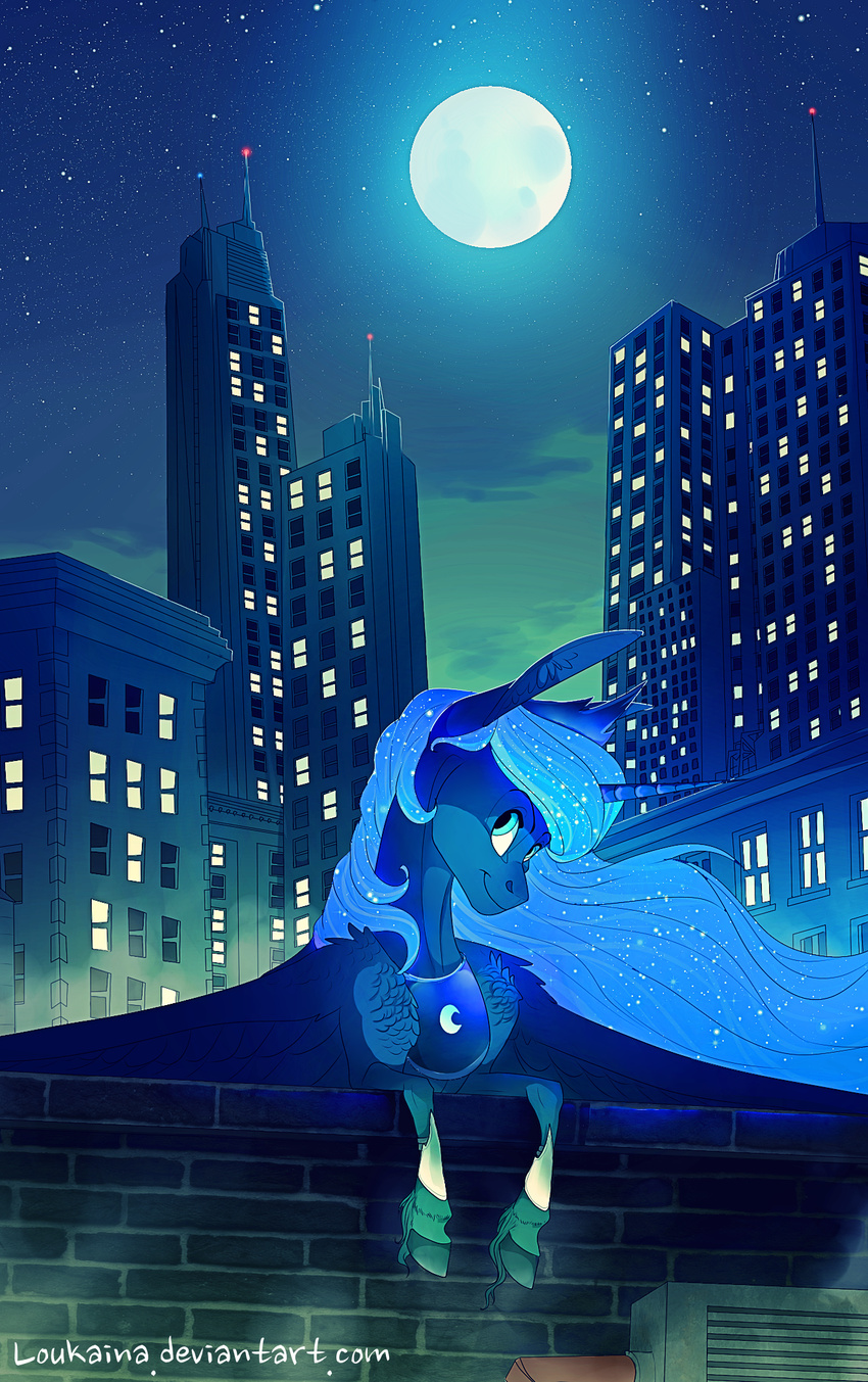 blue_eyes blue_feathers cyan_eyes equine feathered_wings feathers female feral friendship_is_magic hi_res hooves loukaina mammal moon my_little_pony night outside princess_luna_(mlp) smile solo tagme wings
