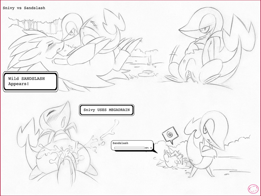 comic cum cum_in_pussy cum_inside domination female female_domination female_on_top harumi health_bar male male/female monochrome nintendo on_top penis pok&eacute;mon pussy sandslash size_difference snivy text text_box video_games