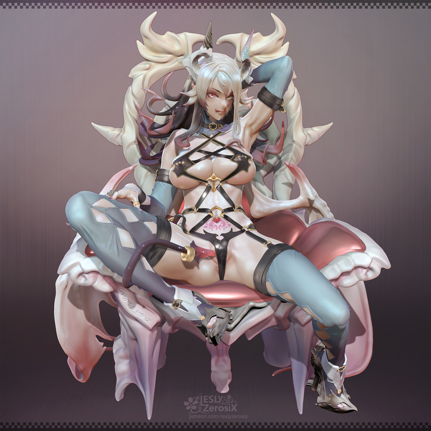 3d :q arm_behind_head armor armored_boots armpits ass black_hair blue_legwear boots breasts chair cleavage collar covered_nipples demon_girl elbow_gloves gloves heterochromia highres horns jewelry large_breasts leslyzerosix looking_at_viewer multicolored_hair nail_polish navel navel_piercing original partially_visible_anus piercing pointy_ears pubic_tattoo purple_nails red_eyes revealing_clothes ring silver_hair sitting smile solo spread_legs succubus tail tattoo thighhighs thumb_ring tongue tongue_out two-tone_hair yellow_eyes