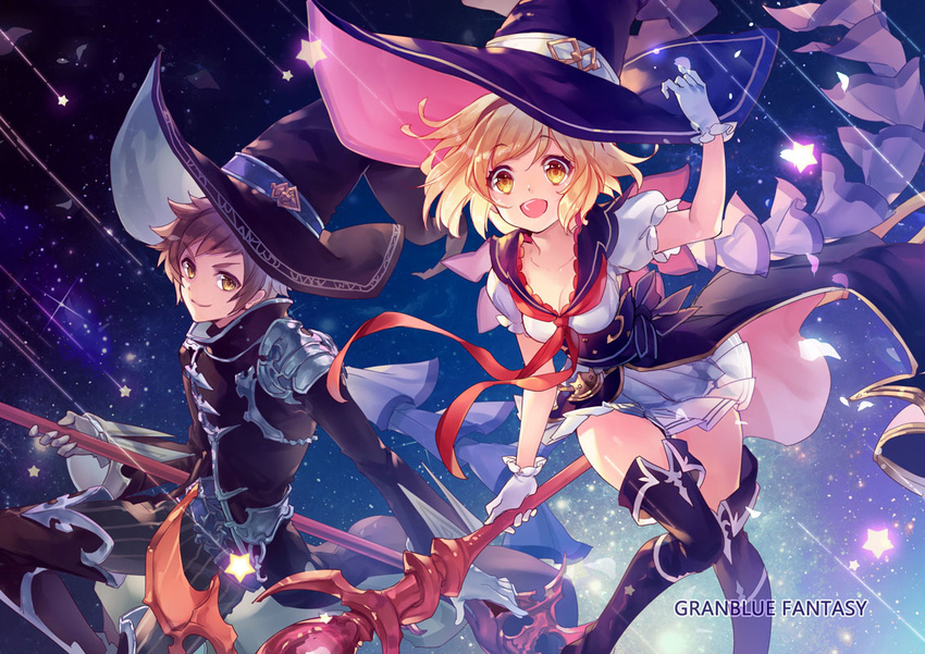 1girl :d achan_(blue_semi) arm_up blonde_hair boots breasts brown_eyes brown_hair cape cleavage commentary_request copyright_name djeeta_(granblue_fantasy) dress falling_star gloves gran_(granblue_fantasy) granblue_fantasy hairband hat holding holding_staff long_sleeves looking_at_viewer medium_breasts night night_sky open_mouth puffy_short_sleeves puffy_sleeves short_hair short_sleeves skirt sky smile staff star star_(sky) starry_sky thigh_boots thighhighs warlock_(granblue_fantasy) white_gloves witch_hat yellow_eyes