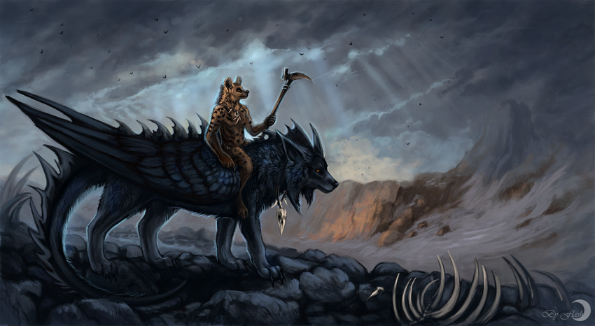 ambiguous_gender anthro bone canine claws cloud day detailed_background dragon duo feathered_wings feathers feral flashw fur hair hybrid hyena jewelry male mammal necklace outside paws ridding sky staff standing wings wolf
