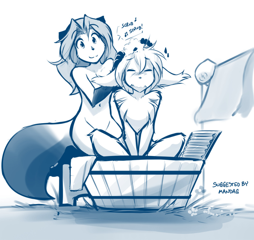 2019 anthro basitin bathing blush canid canine casual_nudity chest_tuft convenient_censorship crossed_legs dialogue digitigrade dipstick_tail duo english_text eyes_closed female fox gloves_(marking) keidran keith_keiser kneeling laura_(twokinds) male mammal markings monochrome multicolored_tail nude open_mouth simple_background singing sitting sketch smile soap socks_(marking) sweat sweatdrop text tom_fischbach tuft twokinds washtub webcomic white_background