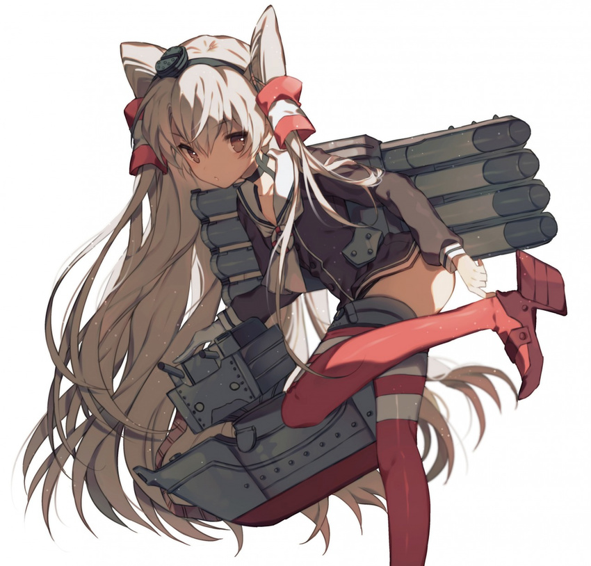 amatsukaze_(kantai_collection) black_dress dress gloves hair_tubes hairband hat high_heels highres kantai_collection leg_up lifebuoy long_hair long_sleeves looking_at_viewer mini_hat red_footwear red_legwear rensouhou-kun sailor_collar sailor_dress shadow shoes short_dress silver_eyes silver_hair simple_background single_glove solo standing standing_on_one_leg striped striped_legwear thighhighs two_side_up very_long_hair white_background white_gloves yasiromann