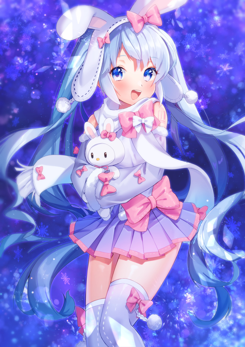 1girl animal blue_background blue_eyes blue_hair blush bow bunny cowboy_shot detached_sleeves hair_bow hat hatsune_miku highres holding holding_animal kaniku long_hair looking_at_viewer open_mouth pleated_skirt scarf skirt solo thighhighs twintails very_long_hair vocaloid yuki_miku yukine_(vocaloid)