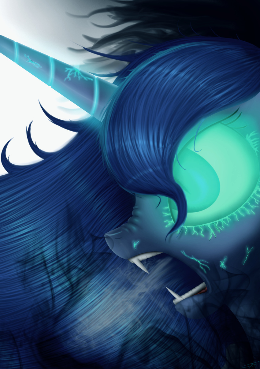 2016 abstract_background angry blue_fur blue_hair equine fangs female feral friendship_is_magic fur glowing glowing_eyes hair horn jeki mammal my_little_pony nightmare_moon_(mlp) open_mouth portrait princess_luna_(mlp) solo unicorn