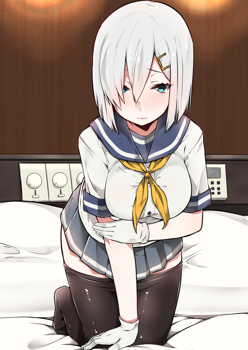 absurdres bed breasts commentary_request gloves green_eyes hair_ornament hairclip hamakaze_(kantai_collection) highres kantai_collection large_breasts mitsudoue on_bed pantyhose pantyhose_pull school_uniform serafuku short_hair short_sleeves skirt solo white_gloves white_hair