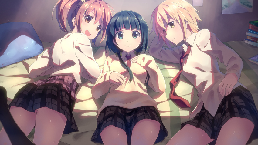 aiura amaya_kanaka bed black_hair blonde_hair blue_eyes blush book iwasawa_saki long_hair seifuku short_hair stockings thighhighs tie twintails uehara_ayuko yellow_eyes yuuki_tatsuya