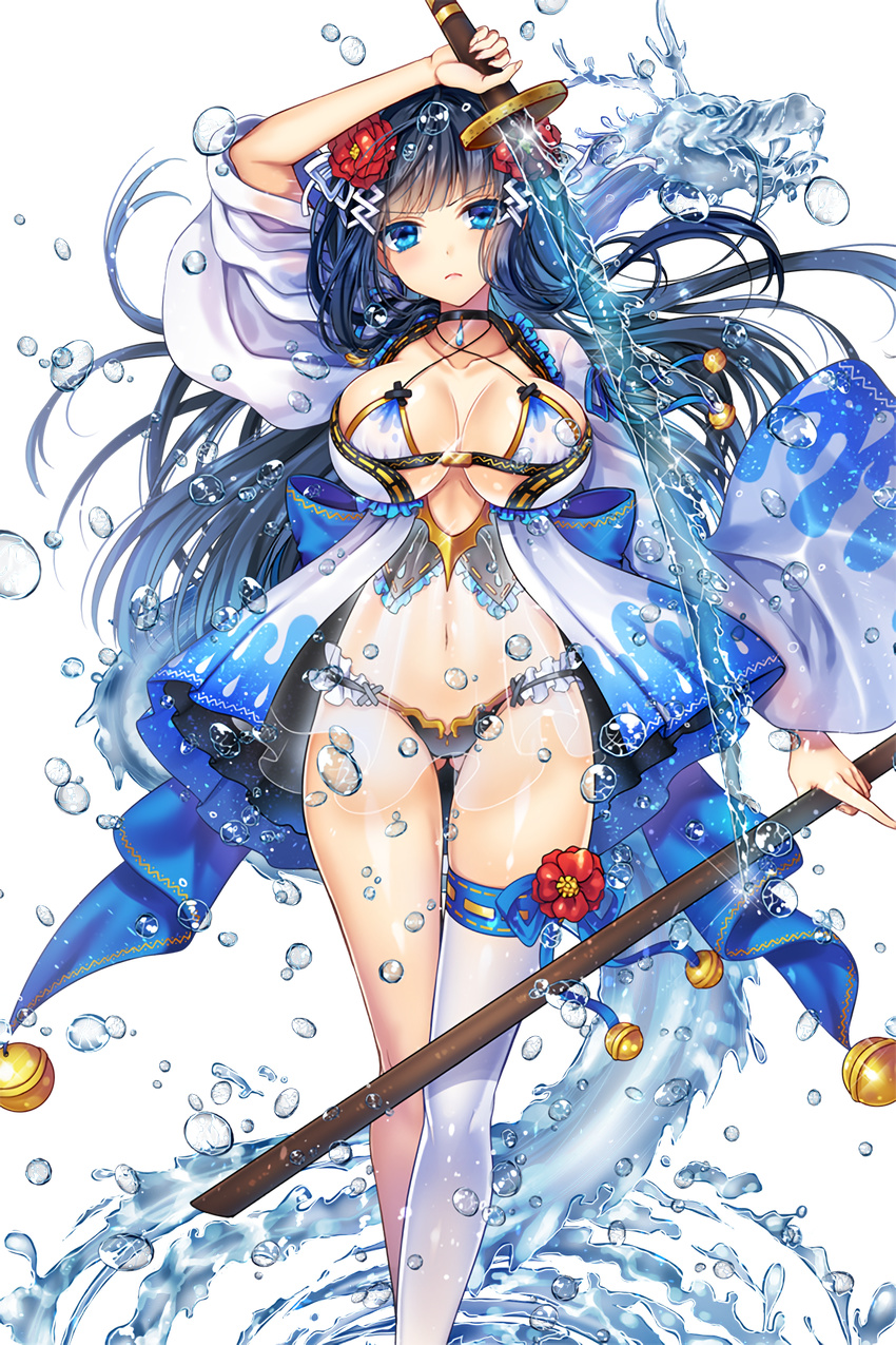 bell blue_eyes blue_hair breasts choker dragon flower frown hair_flower hair_ornament highres katana large_breasts long_hair looking_at_viewer midriff navel non-web_source ratise sammy_(soccer_spirits) sheath single_thighhigh soccer_spirits solo sword thigh_gap thighhighs transparent_background unsheathed water weapon white_legwear