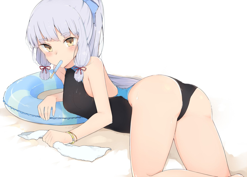 ass blush cole competition_swimsuit food hair_ribbon innertube kantai_collection looking_at_viewer lying mouth_hold murakumo_(kantai_collection) one-piece_swimsuit popsicle red_ribbon ribbon sidelocks silver_hair simple_background solo swimsuit towel tress_ribbon wet white_background yellow_eyes