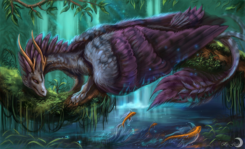 claws day detailed_background digital_media_(artwork) dragon feathered_dragon feathered_wings feathers female feral fish flashw fur horn marine purple_eyes purple_fur solo standing tree water wings