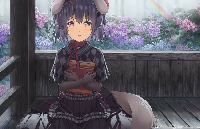 animal_ears black_gloves black_hair black_shirt black_skirt blush book capelet choker dog_ears dog_tail elbow_gloves flower gloves hair_ornament hairclip highres holding holding_book hydrangea looking_at_viewer md5_mismatch open_mouth original pink_eyes piza_rokumai pleated_skirt rain rainbow shirt short_hair sitting skirt solo tail twitter_username wet wet_clothes