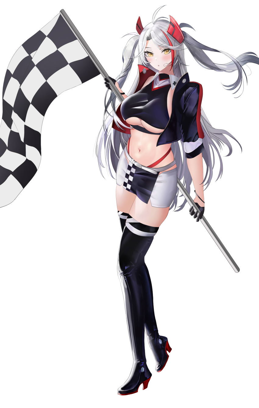 1girl :o absurdres antenna_hair azur_lane bangs belt black_footwear black_gloves black_jumpsuit black_shirt black_skirt blush boots breasts checkered checkered_flag clothing_cutout collared_shirt commentary crop_top cropped_jacket cropped_shirt earpiece eyebrows_visible_through_hair flag full_body gloves hair_between_eyes half_gloves headgear high_heel_boots high_heels highleg highleg_panties highres holding holding_flag iron_cross jacket large_breasts long_hair looking_at_viewer midriff miniskirt multicolored_hair navel official_alternate_costume open_clothes open_jacket panties parted_bangs prinz_eugen_(azur_lane) prinz_eugen_(final_lap)_(azur_lane) race_queen red_hair red_panties rudder_footwear shirt short_sleeves sidelocks silver_hair simple_background skindentation skirt sleeveless sleeveless_shirt solo standing streaked_hair swept_bangs taut_clothes taut_shirt thigh_boots thighhighs two-tone_skirt two_side_up underboob underboob_cutout underwear very_long_hair white_background white_belt white_skirt yellow_eyes zettai_ryouiki zhanggong