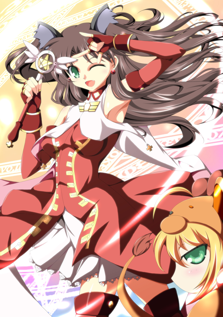 \m/ absurdres ahoge animal_costume animal_ears artoria_pendragon_(all) black_hair blonde_hair blush cat_ears earrings elbow_gloves fang fate/hollow_ataraxia fate/stay_night fate/tiger_colosseum fate_(series) gloves green_eyes highres jewelry ka2 kaleido_ruby kaleidostick lion lion_costume long_hair magical_girl multiple_girls one_eye_closed saber saber_lion toosaka_rin two_side_up wand