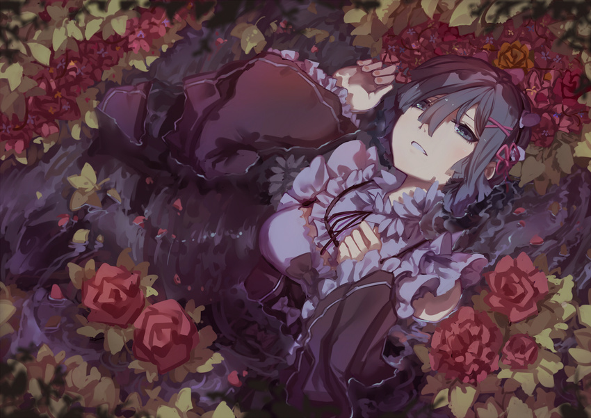 flowers forte gray_eyes gray_hair leaves re:zero_kara_hajimeru_isekai_seikatsu rem_(re:zero) water