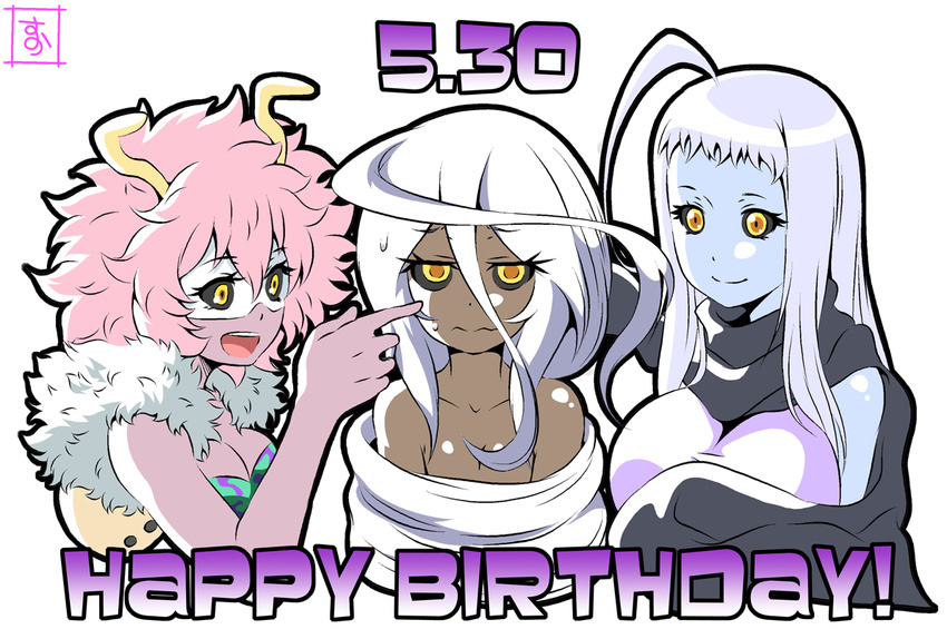 ahoge ashido_mina black_sclera blue_skin boku_no_hero_academia breasts cleavage crossover dark_skin dated doppel_(monster_musume) doppelganger dullahan hair_censor happy_birthday horns huge_ahoge lala_(monster_musume) large_breasts long_hair medium_breasts monster_musume_no_iru_nichijou multiple_girls nude open_mouth pink_hair pink_skin prehensile_hair s-now signature simple_background smile trait_connection upper_body very_long_hair white_background white_hair yellow_eyes