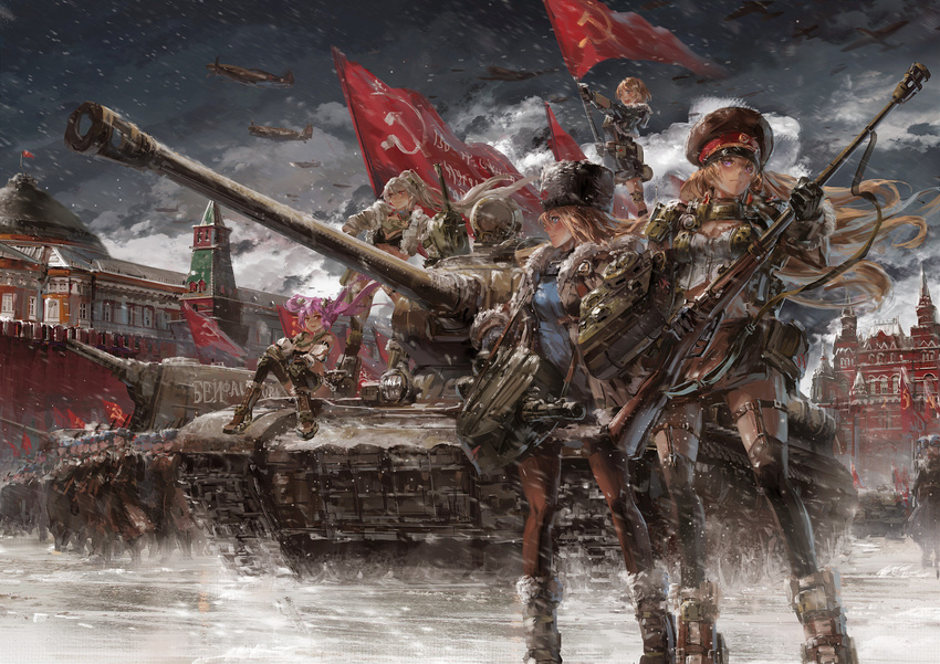 :d absurdres aircraft airplane bad_id bad_twitter_id communism flag fur_trim gorget ground_vehicle gun hammer_and_sickle hat highres is-2 kv-2 lena_tolubka long_hair military military_vehicle motor_vehicle multiple_girls natalia_borisova official_art open_mouth pantyhose panzer_waltz personification pink_hair ponytail red_square rifle russia russian serious smile snow snowing sophia_malinovskaya soviet stu_dts suzanne_petrova tank thighhighs translated turret twintails weapon white_hair world_war_ii zoya_zhukova