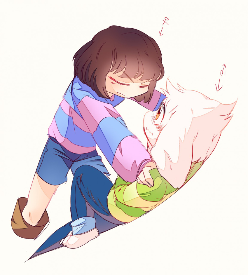 asriel_dreemurr blush caprine cute female goat human lying male mammal mint_chiryong_(artist) on_back pinned protagonist_(undertale) simple_background undertale video_games white_background