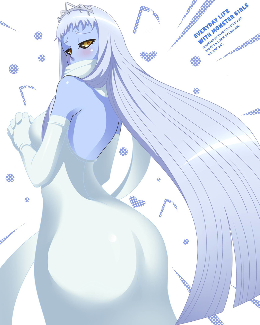 ass backless_dress backless_outfit black_sclera blue_skin blush breasts cover dress dullahan elbow_gloves fake_cover from_behind gloves highres lala_(monster_musume) loen-lapae long_hair looking_back medium_breasts monster_musume_no_iru_nichijou solo tiara very_long_hair wedding_dress white_hair yellow_eyes