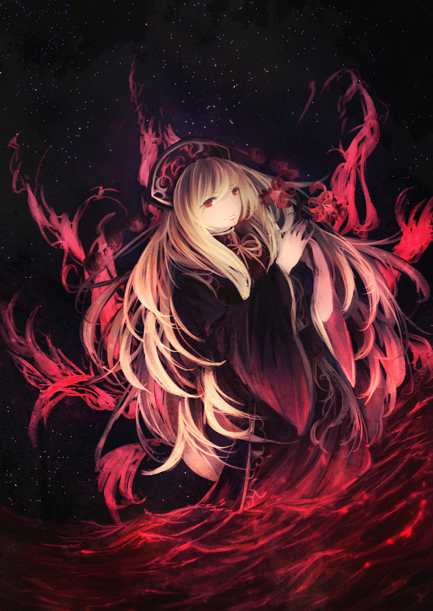 black_dress blonde_hair breasts china_dress chinese_clothes commentary_request dress flower highres junko_(touhou) long_hair long_skirt long_sleeves looking_at_viewer multiple_tails night night_sky polos_crown red_eyes red_flower skirt sky smile solo spider_lily tail touhou very_long_hair wide_sleeves yurinotubomi