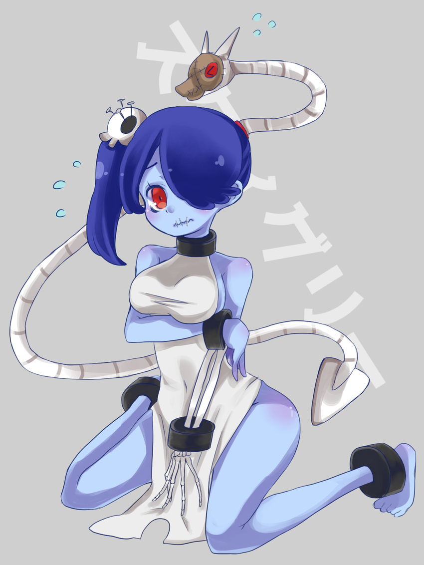 1girl blue_skin breasts hair_over_one_eye leviathan_(skullgirls) mask painwheel_(skullgirls)_(cosplay) red_eyes skullgirls squigly_(skullgirls) zombie