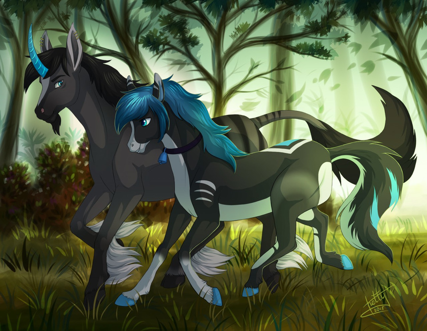 2015 bell black_hair blue_eyes blue_hair collar day detailed_background duo ear_piercing equine female feral forest fur grass hair hooves horn horse ketty-leopardess male mammal nude outside piercing running smile tree unicorn