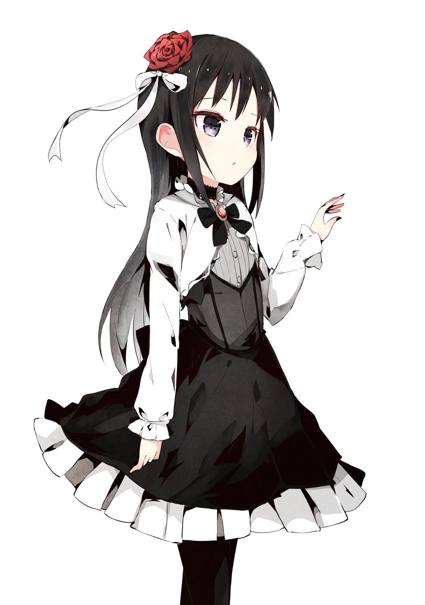 absurdres alternate_costume alternate_eye_color asashio_(kantai_collection) black_hair black_legwear commentary_request dress flower frills gothic gothic_lolita hair_flower hair_ornament highres kantai_collection kneehighs lolita_fashion long_hair looking_away ooyama_imo pantyhose puffy_sleeves purple_eyes ribbon simple_background solo standing thighhighs white_background white_ribbon