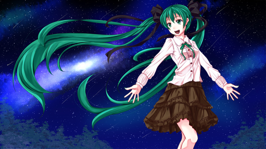 :d aqua_eyes aqua_hair black_bow black_skirt blouse bow commentary_request cowboy_shot green_ribbon hair_bow hatsune_miku layered_skirt long_hair long_sleeves looking_away meteor_shower neck_ribbon night night_sky oimari open_mouth outstretched_arms ribbon skirt sky smile solo spread_arms star_(sky) starry_sky twintails very_long_hair vocaloid white_blouse