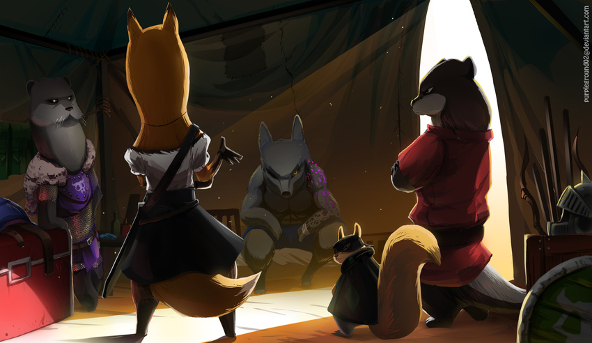 armello armor badger bed canine clothed clothing female fox group helmet horace_(armello) male mammal melee_weapon mustelid otter purpleground02 rodent scarlet_(armello) shield sitting squirrel sword sylas_(armello) thane_(armello) twiss weapon wolf